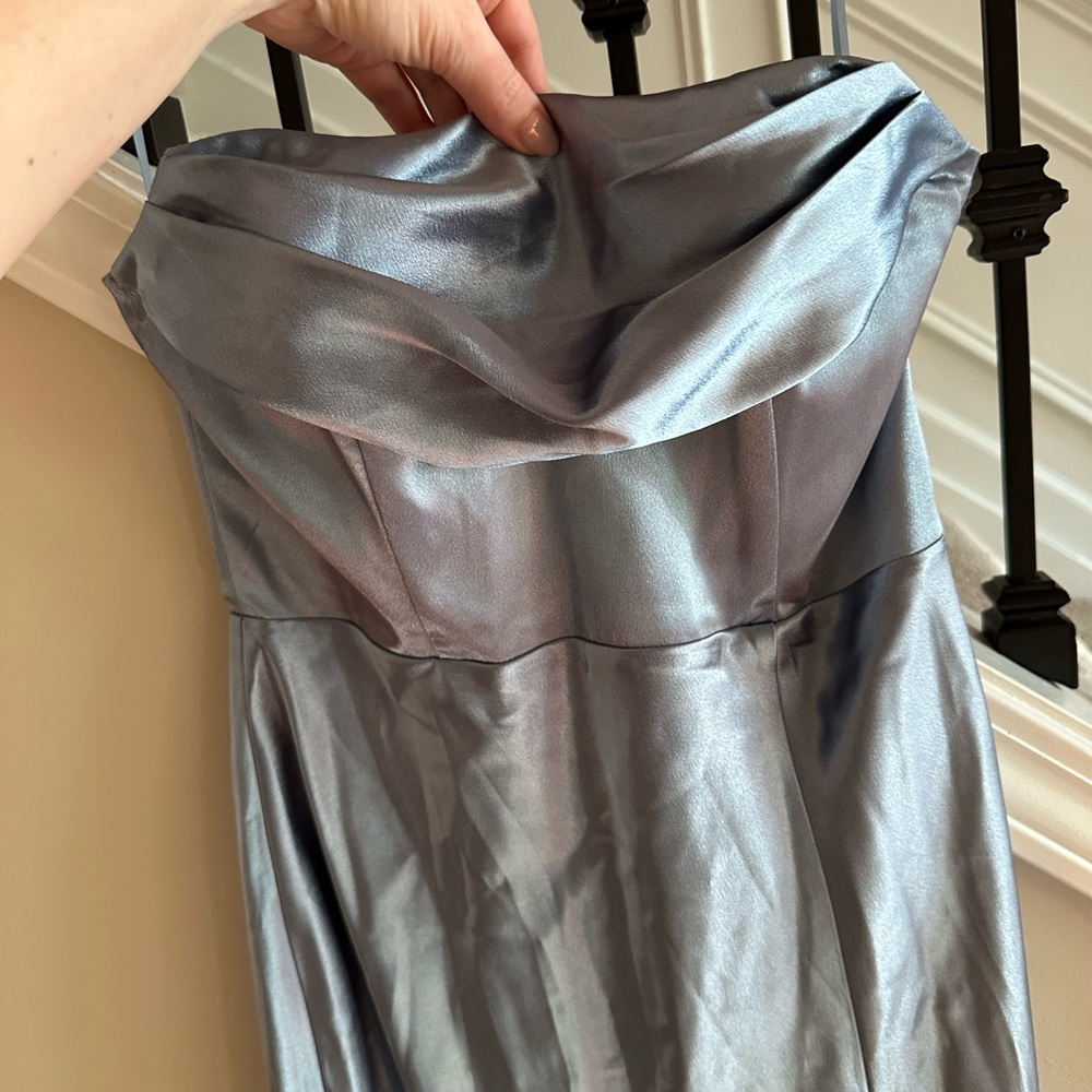 Birdy Gray light dusty blue satin strapless bridesmaids gown with slit sz S - Picture 3 of 8